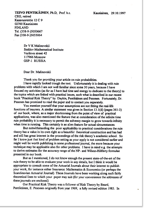 Letter of Teivo Pentikäinen to V.K. Malinovskii dated 29.10.1997 