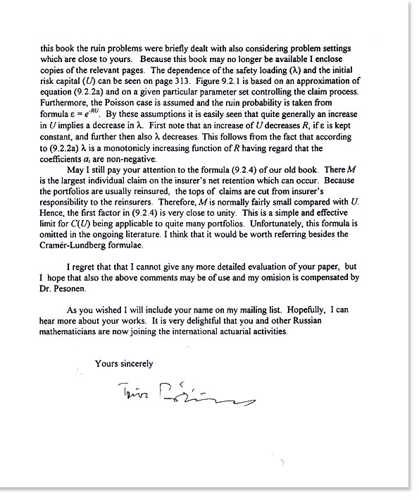 Letter of Teivo Pentikäinen to V.K. Malinovskii dated 29.10.1997 